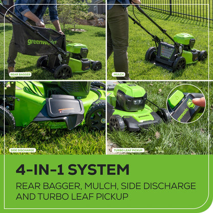 Greenworks 48V (24V x 2) 20" Cordless Battery Push Mower 4PC Combo Kit w/ (2) 4.0Ah Batteries & Dual Port Chargers - 134910200