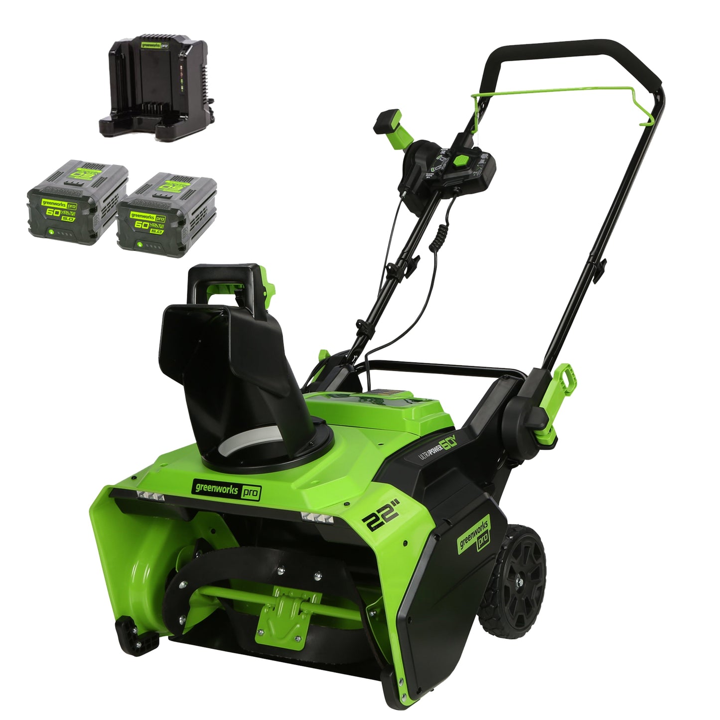 Greenworks 60V 22" Cordless Battery Single-Stage Snow Blower w/ Two (2) 5.0 Ah Batteries & Dual-Port Charger - 2608802