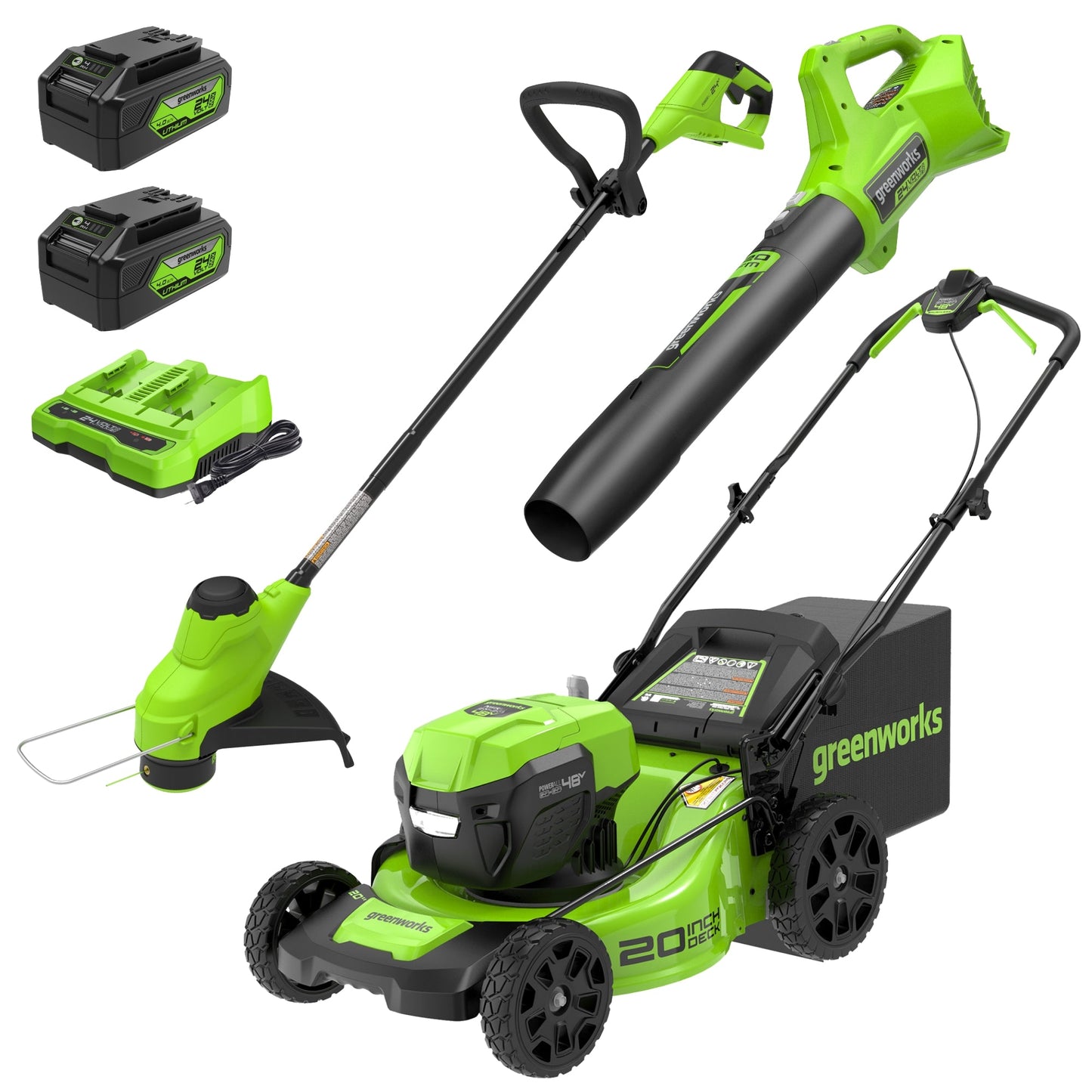 Greenworks 48V (24V x 2) 20" Cordless Battery Push Mower 3pc Combo Kit w/ (2) 4.0Ah Batteries & Dual Port Chargers - 1349102