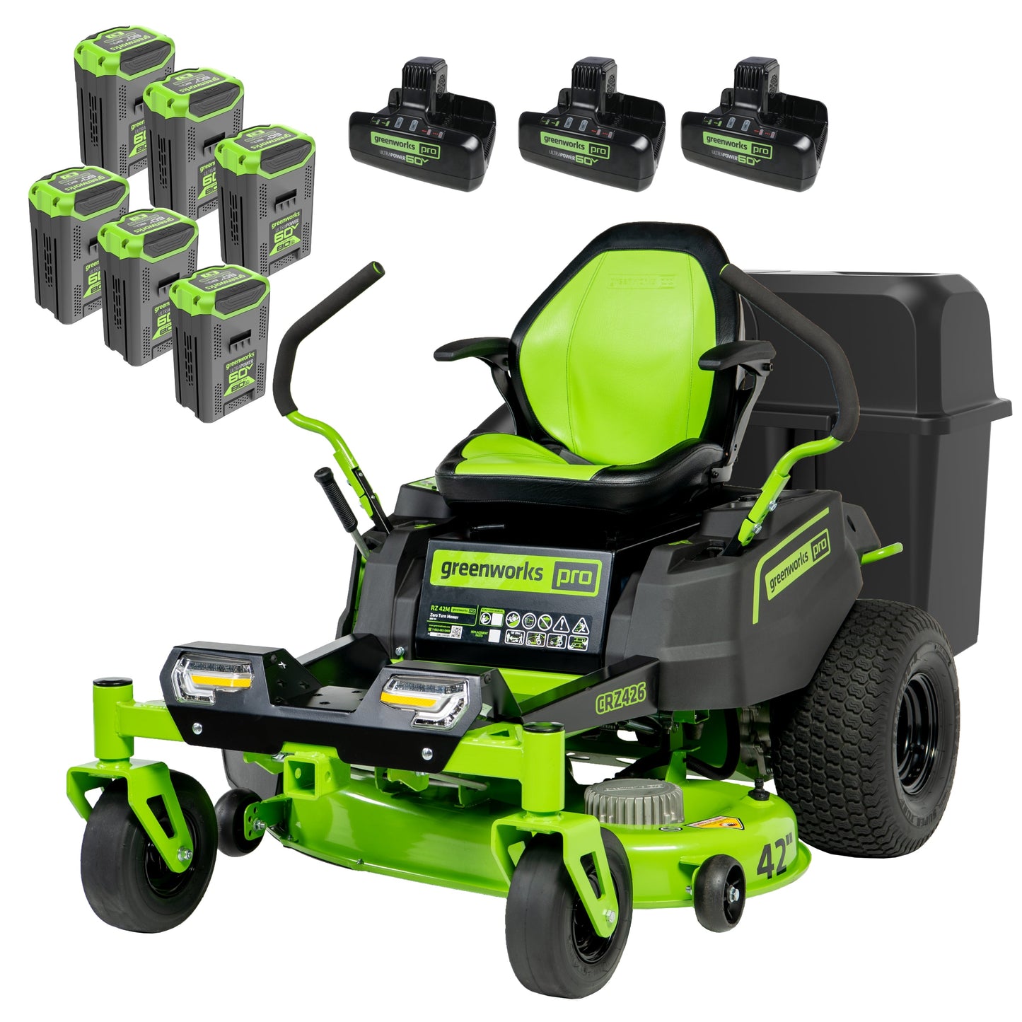 Greenworks 60V 42" Cordless Battery CrossoverZ Zero Turn Lawn Mower + Bagger w/ Six (6) 8.0Ah Batteries and Three (3) Dual Port Turbo Chargers  - 7419702-VK