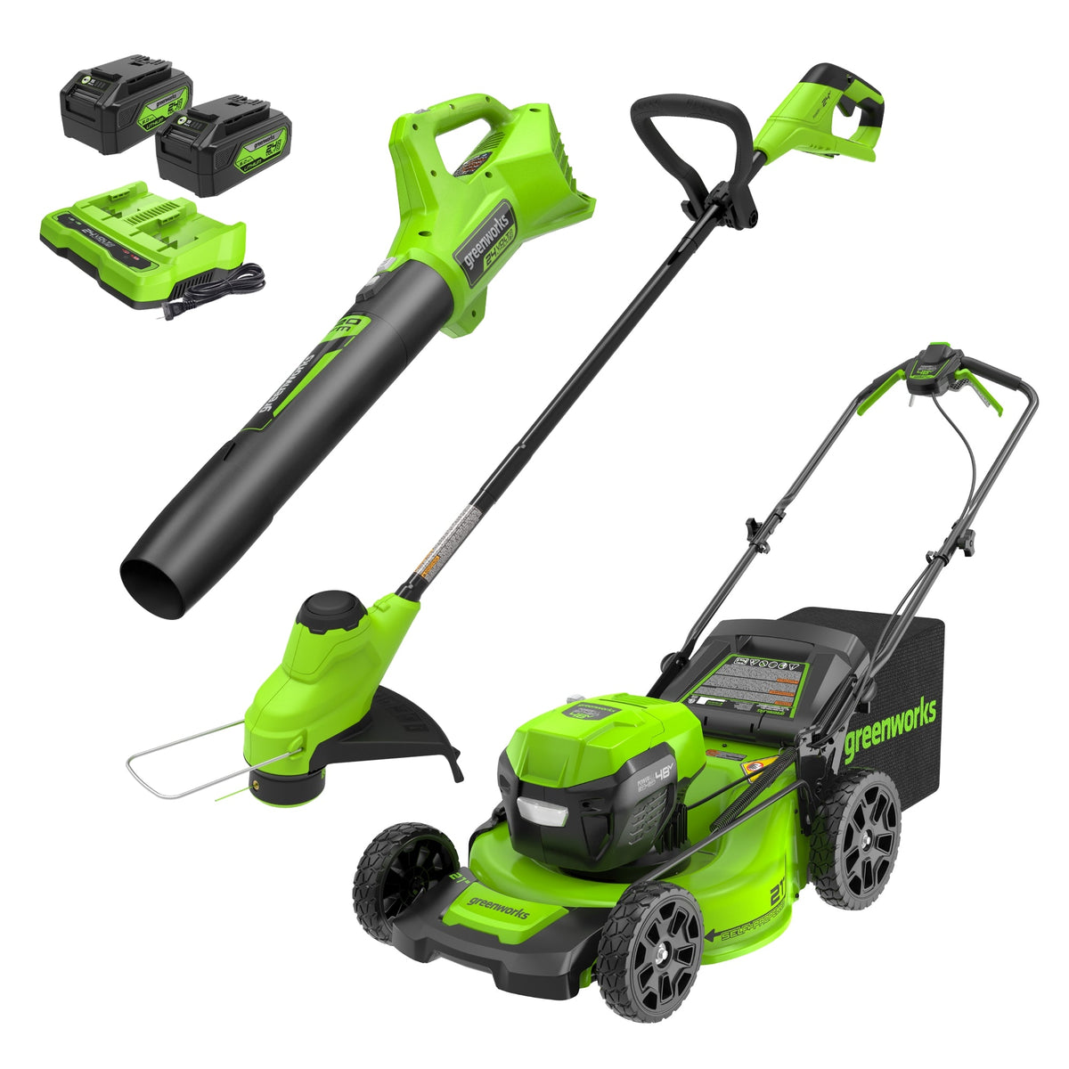 Greenworks 48V (2x24V) 21" Cordless Battery Self-Propelled Mower, 12" String Trimmer & 320 CFM Blower Combo Kit w/ (2) 5.0Ah Batteries & Chargers - 1349002