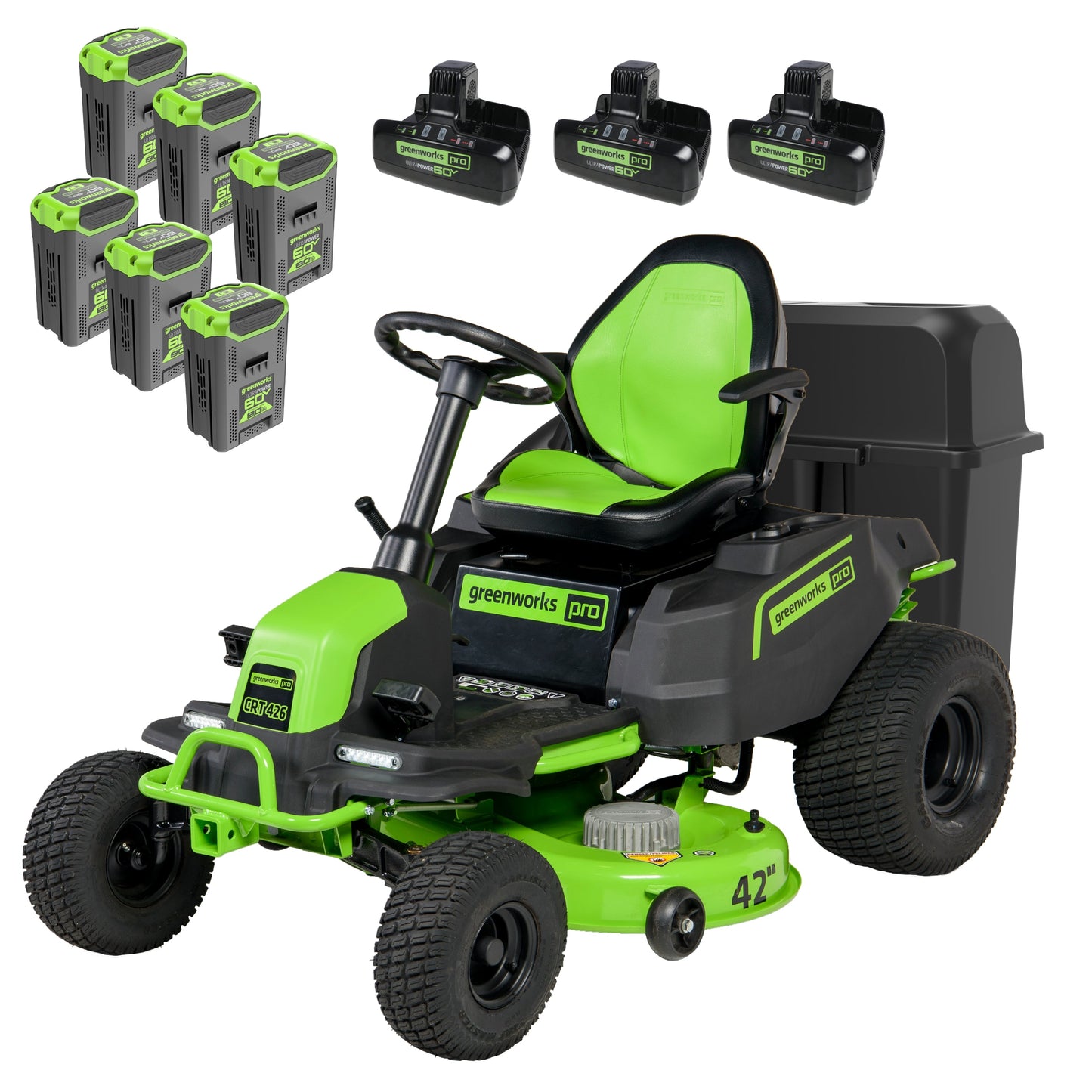 Greenworks 60V 42" Cordless Battery CrossoverT Riding Lawn Mower + Bagger w/ Six (6) 8.0Ah Batteries and Three (3) Dual Port Turbo Chargers - 7419802-VK