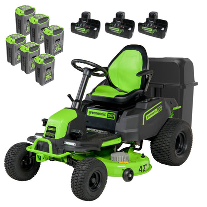 Greenworks 60V 42" Cordless Battery CrossoverT Riding Lawn Mower + Bagger w/ Six (6) 8.0Ah Batteries and Three (3) Dual Port Turbo Chargers - 7419802-VK