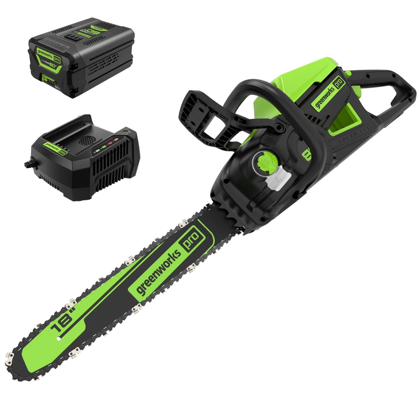 Greenworks 60V 18" Cordless Battery Brushless 2.5kW Chainsaw w/ 5.0Ah Battery & Rapid Charger - 2026102