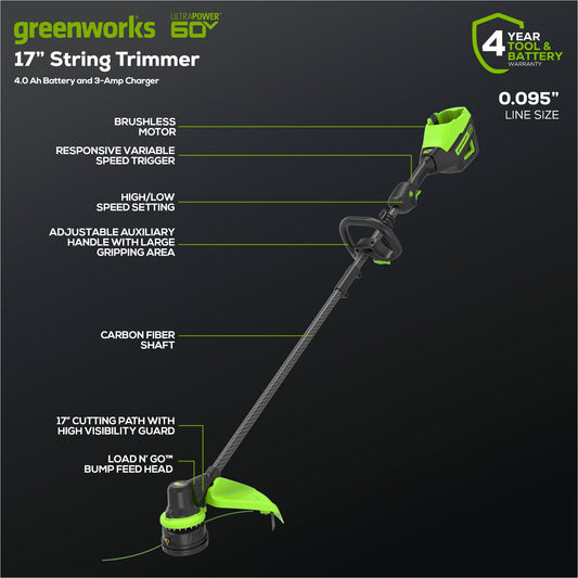 Greenworks 60V 17" Cordless Battery Brushless String Trimmer w/ Carbon Fiber Shaft w/ 4.0Ah Battery & Charger - 2132002