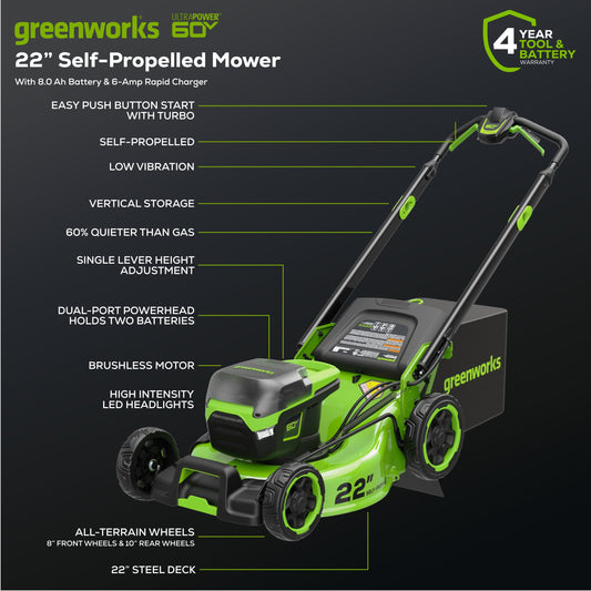 Greenworks RENEWED 60V 22" Cordless Battery Self-Propelled Lawn Mower w/ 8.0Ah Battery & 6A Charger - 2555302-OB