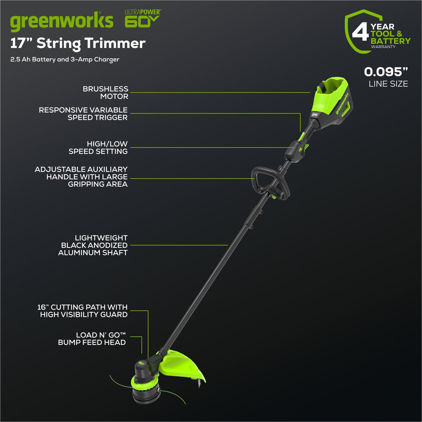 Greenworks 60V 16" Cordless Battery String Trimmer + 750CFM Blower w/2.5Ah Battery and 3A Charger - 1359702