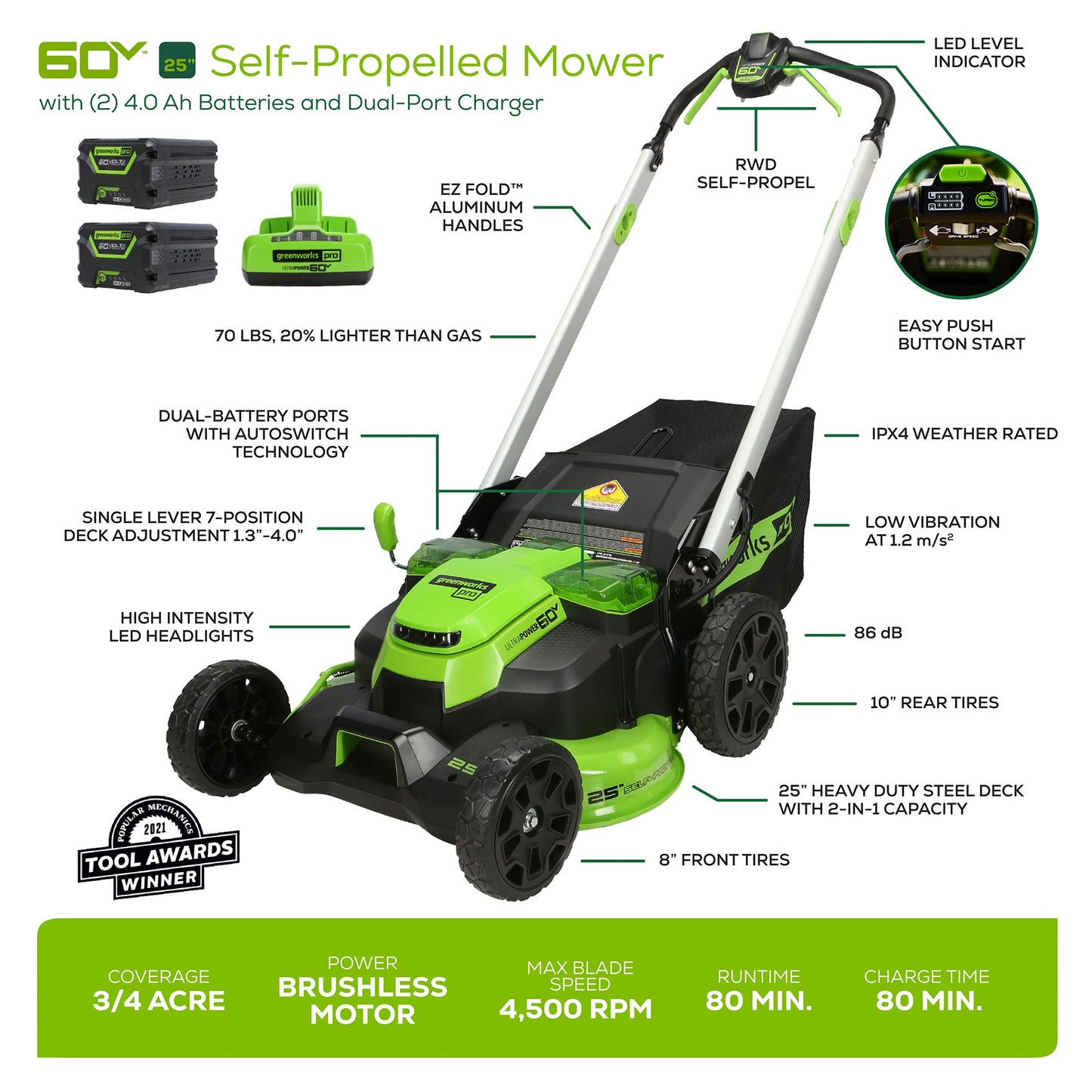 Greenworks 60V 25" Cordless Battery Self-Propelled Mower Combo Kit w/ Blower, (2) 4.0Ah Batteries and Dual Port Charger - 1350102-VK