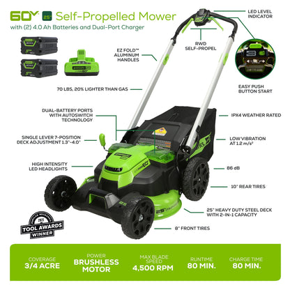Greenworks 60V 25" Cordless Battery Self-Propelled Mower Combo Kit w/ Blower, (2) 4.0Ah Batteries and Dual Port Charger - 1350102-VK