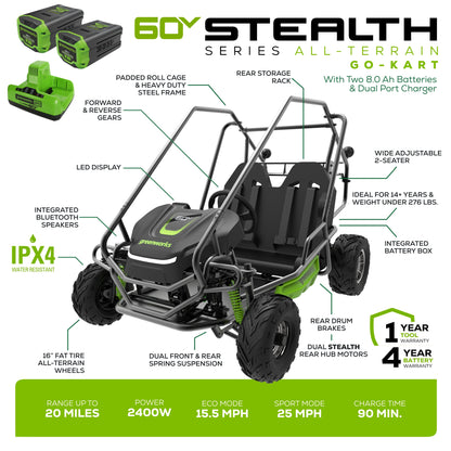 Greenworks 60V Gen 2 STEALTH Series All-Terrain 2-Seat Electric Youth Go-Kart w/ (2) 8Ah Batteries and Dual Port Charger - 7431302