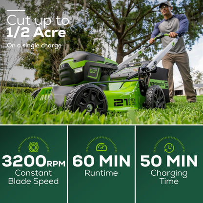 Greenworks 60V 21" Push Mower 5-pc Combo Kit w/ (1) 4Ah Battery, (1) 5.0Ah Battery &(2) Chargers - 1372102-VK