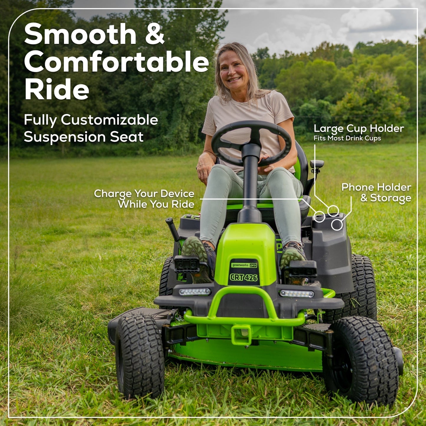 Greenworks 60V 42" Cordless Battery CrossoverT Riding Lawn Mower w/ Four (4) 8.0Ah Batteries and Two (2) Dual Port Turbo Chargers - 7420602
