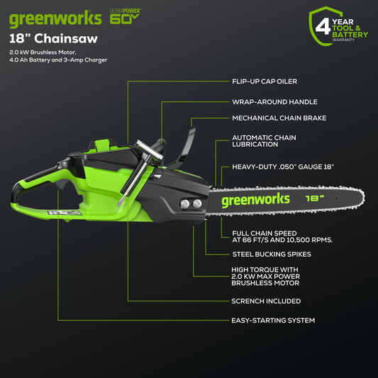 Greenworks 60V 18"Cordless Battery  2.0KW Chainsaw and Hard Case w/ 4Ah Battery and Charger - 2028502
