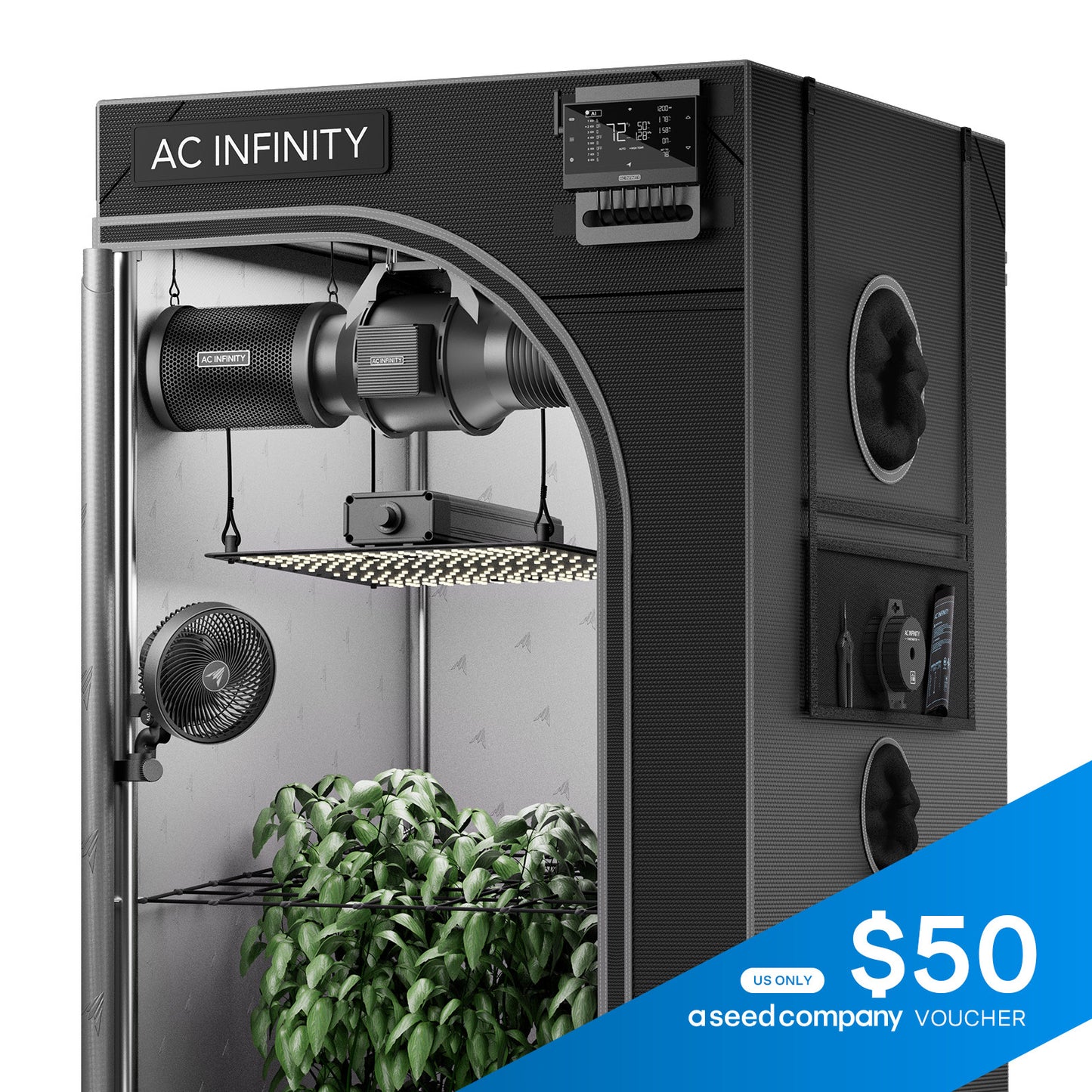 AI Grow Tent System Compact 2x2, Integrated Controls with Dynamic AI, 1-Plant Kit