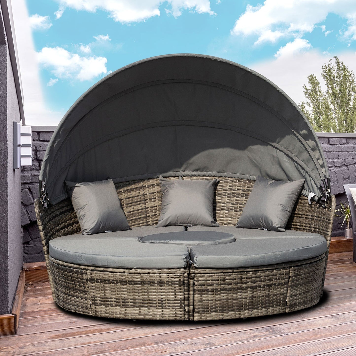 Outsunny 4-Piece Round Convertible Daybed with Adjustable Canopy, Sectional Sofa, 2 Chairs, Table, Gray - 862-021V01GY