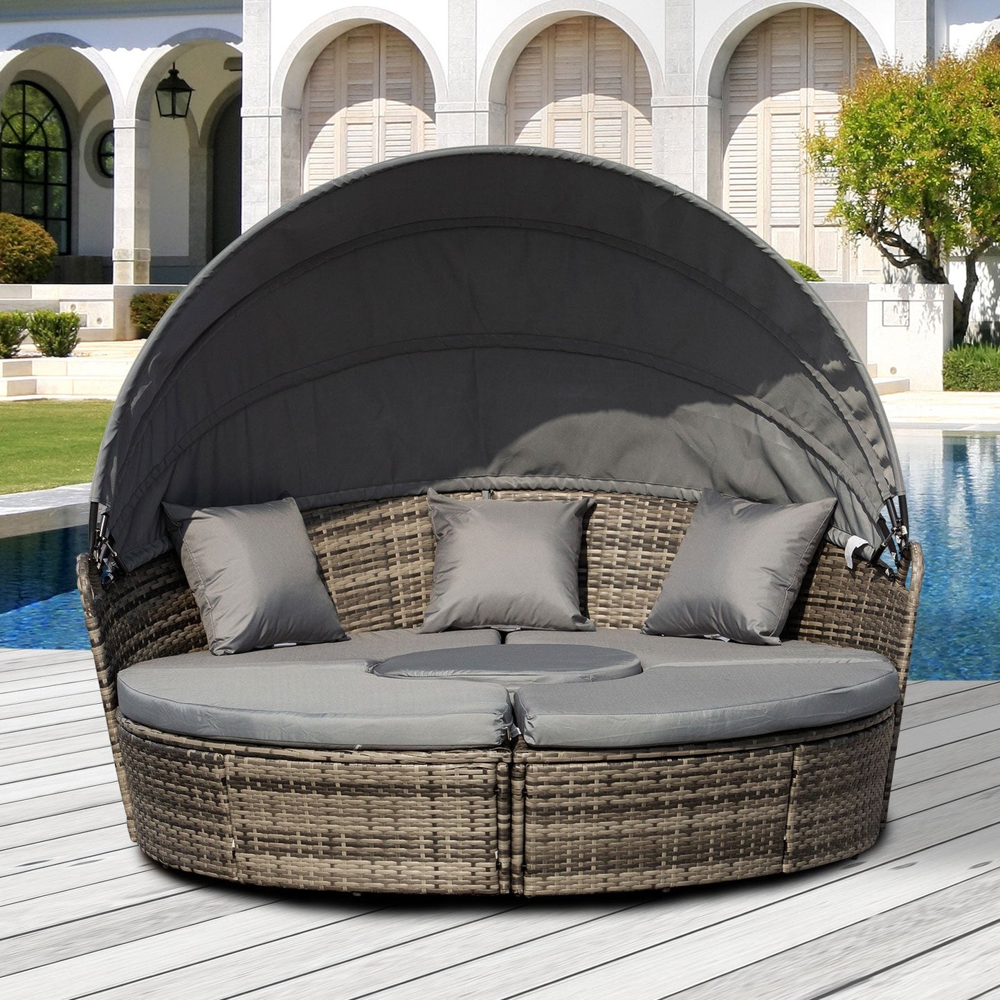 Outsunny 4-Piece Round Convertible Daybed with Adjustable Canopy, Sectional Sofa, 2 Chairs, Table, Gray - 862-021V01GY
