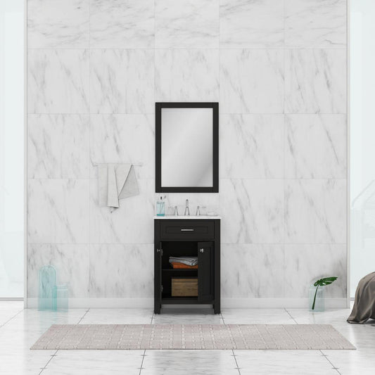Alya Bath Norwalk 24" Single Espresso Freestanding  Bathroom Vanity With Carrara Marble Top, Ceramic Sink and Wall Mounted Mirror - HE-101-24-E-CWMT + HE-101/102-24-E-M