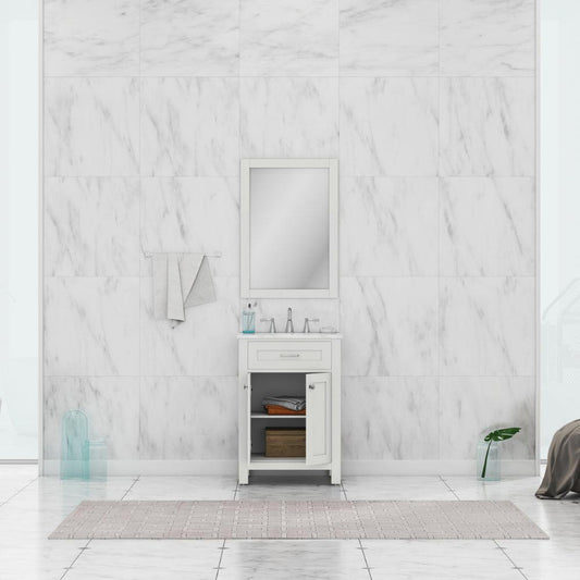 Alya Bath Norwalk 24" Single White Freestanding  Bathroom Vanity With Carrara Marble Top, Ceramic Sink and Wall Mounted Mirror - HE-101-24-W-CWMT + HE-101/102-24-W-M