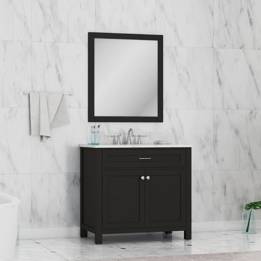 Alya Bath Norwalk 36" Single Espresso Freestanding  Bathroom Vanity With Carrara Marble Top, Ceramic Sink and Wall Mounted Mirror - HE-101-36-E-CWMT + HE-101/102-36-G-M