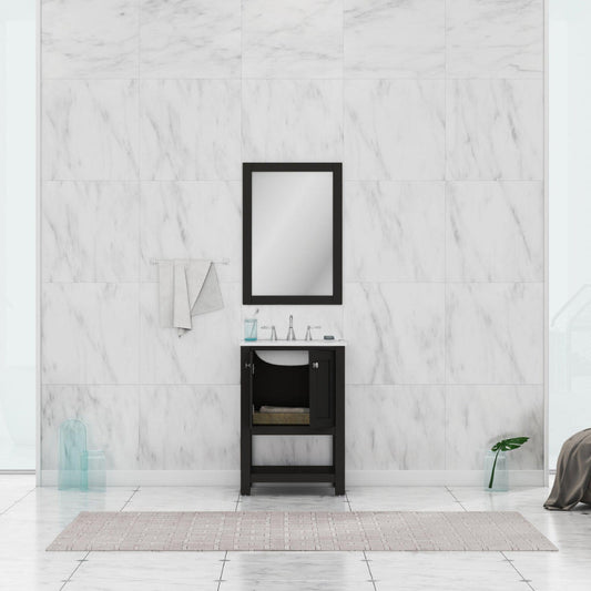 Alya Bath Wilmington 24" Single Espresso Freestanding Single Bathroom Vanity With Carrara Marble Top, Ceramic Sink and Wall Mounted Mirror - HE-102-24-E-CWMT+HE-101/102-24-E-M