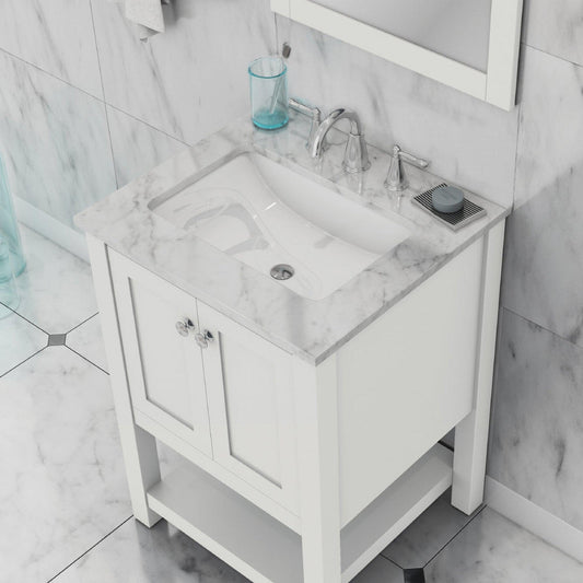 Alya Bath Wilmington 24" Single White Freestanding Single Bathroom Vanity With Carrara Marble Top, Ceramic Sink and Wall Mounted Mirror - HE-102-24-W-CWMT+HE-101/102-24-W-M