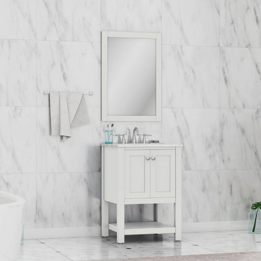 Alya Bath Wilmington 24" Single White Freestanding Single Bathroom Vanity With Carrara Marble Top, Ceramic Sink and Wall Mounted Mirror - HE-102-24-W-CWMT+HE-101/102-24-W-M