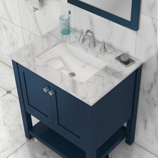 Alya Bath Wilmington 30" Single Blue Freestanding  Bathroom Vanity With Carrara Marble Top, Ceramic Sink and Wall Mounted Mirror - HE-102-30-B-CWMT+HE-101/102-30-B-M