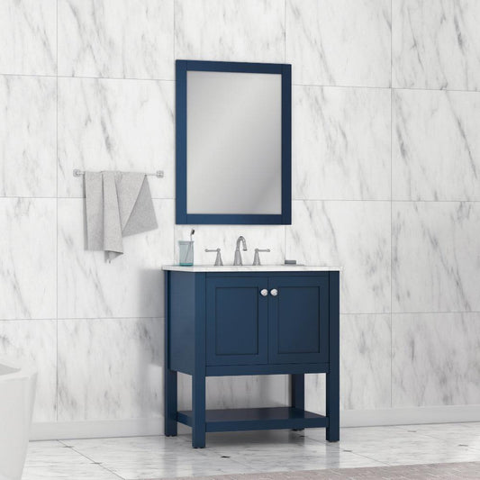 Alya Bath Wilmington 30" Single Blue Freestanding  Bathroom Vanity With Carrara Marble Top, Ceramic Sink and Wall Mounted Mirror - HE-102-30-B-CWMT+HE-101/102-30-B-M