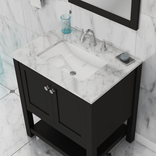 Alya Bath Wilmington 30" Single Espresso Freestanding  Bathroom Vanity With Carrara Marble Top, Ceramic Sink And Wall Mounted Mirror - HE-102-30-E-CWMT+HE-101/102-30-E-M