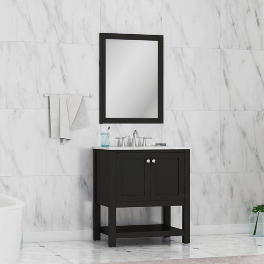 Alya Bath Wilmington 30" Single Espresso Freestanding  Bathroom Vanity With Carrara Marble Top, Ceramic Sink And Wall Mounted Mirror - HE-102-30-E-CWMT+HE-101/102-30-E-M