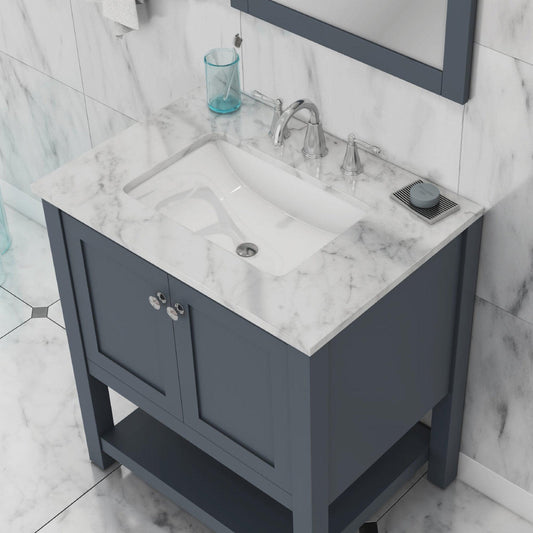 Alya Bath Wilmington 30" Single Gray Freestanding  Bathroom Vanity With Carrara Marble Top, Ceramic Sink and Wall Mounted Mirror - HE-102-30-G-CWMT+HE-101/102-30-G-M