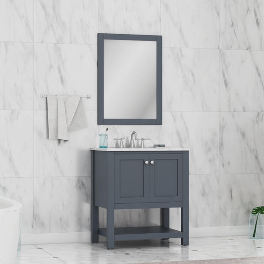 Alya Bath Wilmington 30" Single Gray Freestanding  Bathroom Vanity With Carrara Marble Top, Ceramic Sink and Wall Mounted Mirror - HE-102-30-G-CWMT+HE-101/102-30-G-M