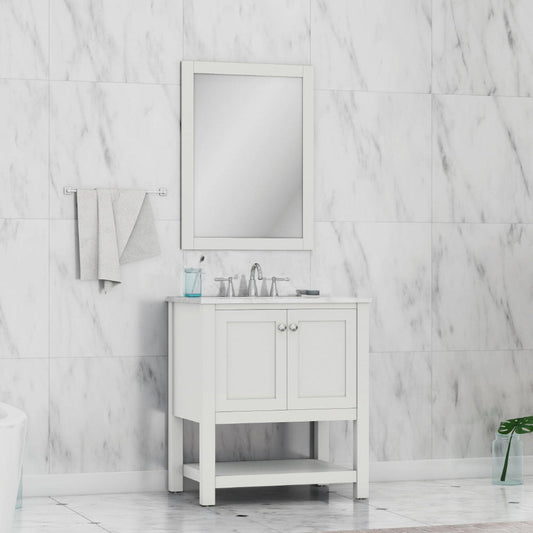 Alya Bath Wilmington 30" Single White Freestanding  Bathroom Vanity With Carrara Marble Top, Ceramic Sink and Wall Mounted Mirror - HE-102-30-W-CWMT+HE-101/102-30-W-M