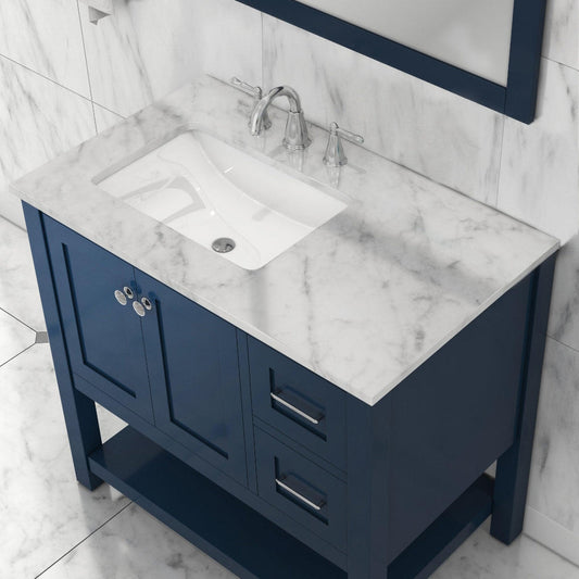 Alya Bath Wilmington 36" Single Blue Freestanding  Bathroom Vanity With Carrara Marble Top, Ceramic Sink and Wall Mounted Mirror - HE-102-36-B-CWMT+HE-101/102-36-B-M