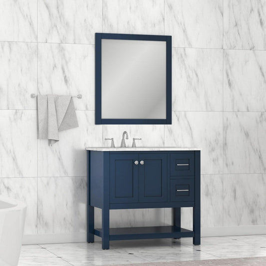 Alya Bath Wilmington 36" Single Blue Freestanding  Bathroom Vanity With Carrara Marble Top, Ceramic Sink and Wall Mounted Mirror - HE-102-36-B-CWMT+HE-101/102-36-B-M