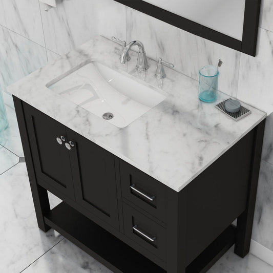 Alya Bath Wilmington 36" Single Espresso Freestanding  Bathroom Vanity With Carrara Marble Top, Ceramic Sink and Wall Mounted Mirror - HE-102-36-E-CWMT+HE-101/102-36-E-M