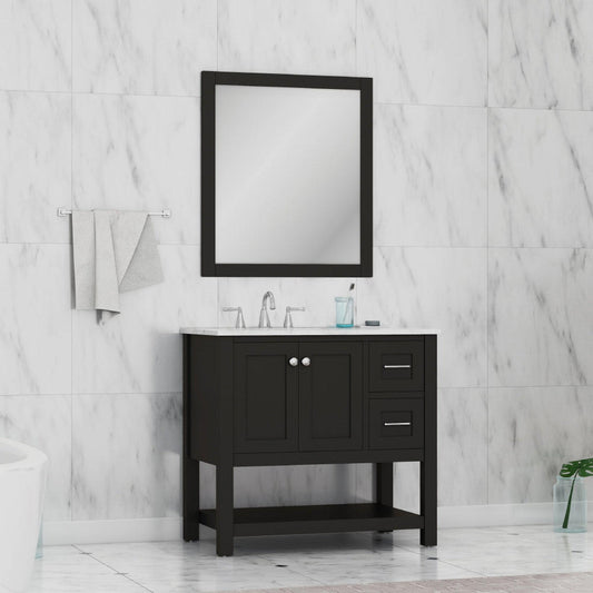 Alya Bath Wilmington 36" Single Espresso Freestanding  Bathroom Vanity With Carrara Marble Top, Ceramic Sink and Wall Mounted Mirror - HE-102-36-E-CWMT+HE-101/102-36-E-M