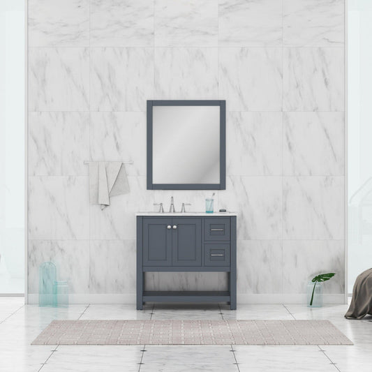 Alya Bath Wilmington 36" Single Gray Freestanding  Bathroom Vanity With Carrara Marble Top, Ceramic Sink and Wall Mounted Mirror - HE-102-36-G-CWMT+HE-101/102-36-G-M