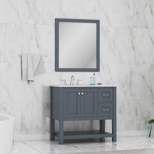 Alya Bath Wilmington 36" Single Gray Freestanding  Bathroom Vanity With Carrara Marble Top, Ceramic Sink and Wall Mounted Mirror - HE-102-36-G-CWMT+HE-101/102-36-G-M