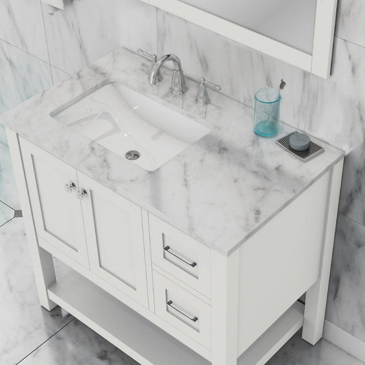 Alya Bath Wilmington 36" Single White Freestanding  Bathroom Vanity With Carrara Marble Top, Ceramic Sink and Wall Mounted Mirror - HE-102-36-W-CWMT+HE-101/102-36-W-M