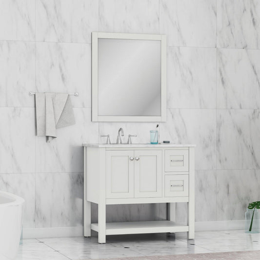 Alya Bath Wilmington 36" Single White Freestanding  Bathroom Vanity With Carrara Marble Top, Ceramic Sink and Wall Mounted Mirror - HE-102-36-W-CWMT+HE-101/102-36-W-M