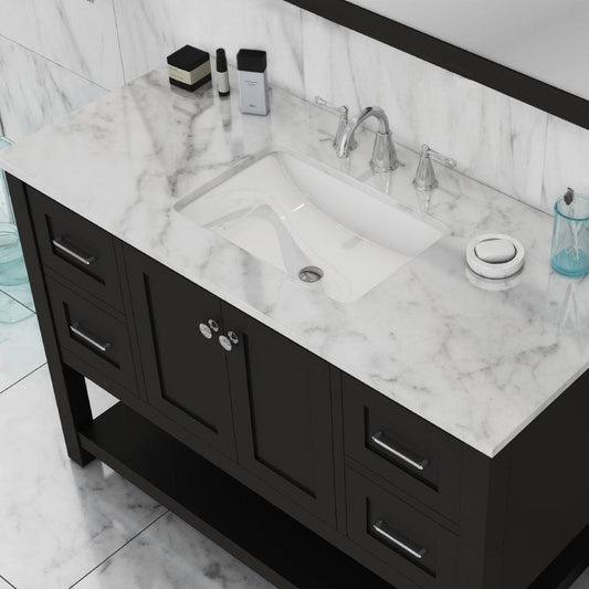 Alya Bath Wilmington 48" Single Espresso Freestanding  Bathroom Vanity With Carrara Marble Top, Ceramic Sink and Wall Mounted Mirror - HE-102-48-E-CWMT+HE-101/102-42-E-M