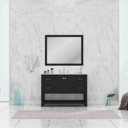 Alya Bath Wilmington 48" Single Espresso Freestanding  Bathroom Vanity With Carrara Marble Top, Ceramic Sink and Wall Mounted Mirror - HE-102-48-E-CWMT+HE-101/102-42-E-M