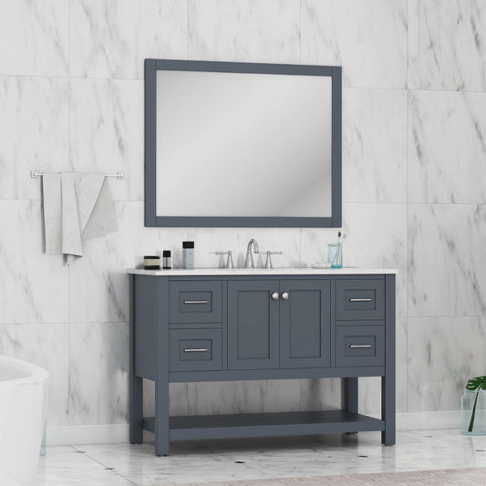 Alya Bath Wilmington 48" Single Gray Freestanding  Bathroom Vanity With Carrara Marble Top, Ceramic Sink and Wall Mounted Mirror - HE-102-48-G-CWMT+HE-101/102-42-G-M