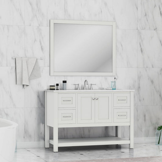 Alya Bath Wilmington 48" Single White Freestanding  Bathroom Vanity With Carrara Marble Top, Ceramic Sink and Wall Mounted Mirror - HE-102-48-W-CWMT+HE-101/102-42-W-M