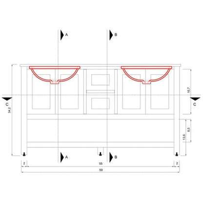 Alya Bath Wilmington 60" Double Espresso Freestanding  Bathroom Vanity With Carrara Marble Top, Ceramic Sink and Wall Mounted Mirro - HE-102-60D-E-CWMT+2x HE-101/102-24-E-Mr