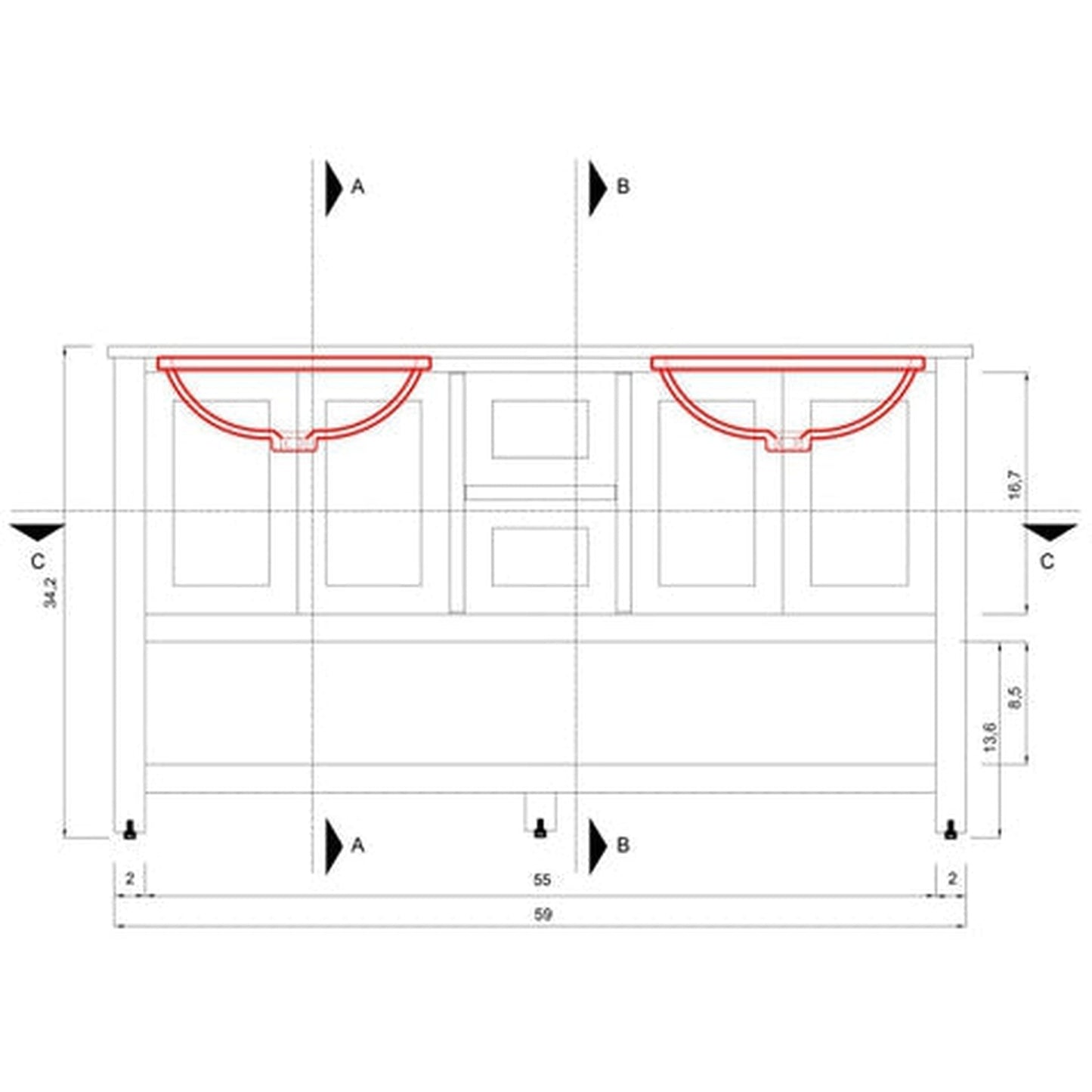 Alya Bath Wilmington 60" Double Gray Freestanding Bathroom Vanity With Carrara Marble Top, Ceramic Sink and Wall Mounted Mirror - HE-102-60D-G-CWMT+2x HE-101/102-24-G-M