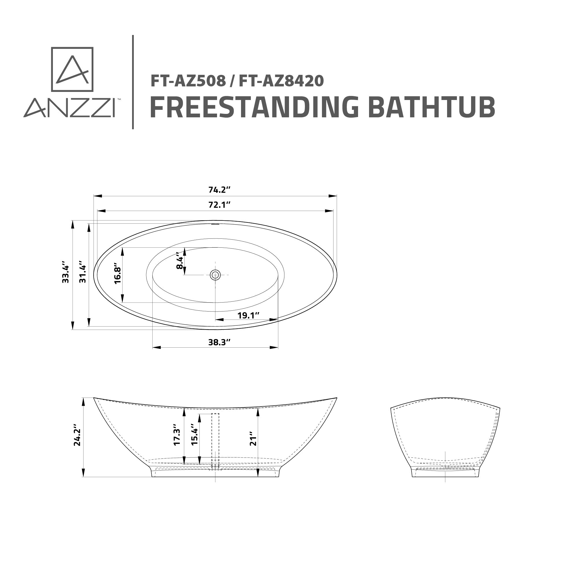 Anzzi Ala 6.2 ft. Solid Surface Center Drain Freestanding Bathtub in Matte White FT-AZ508 - FT-AZ508