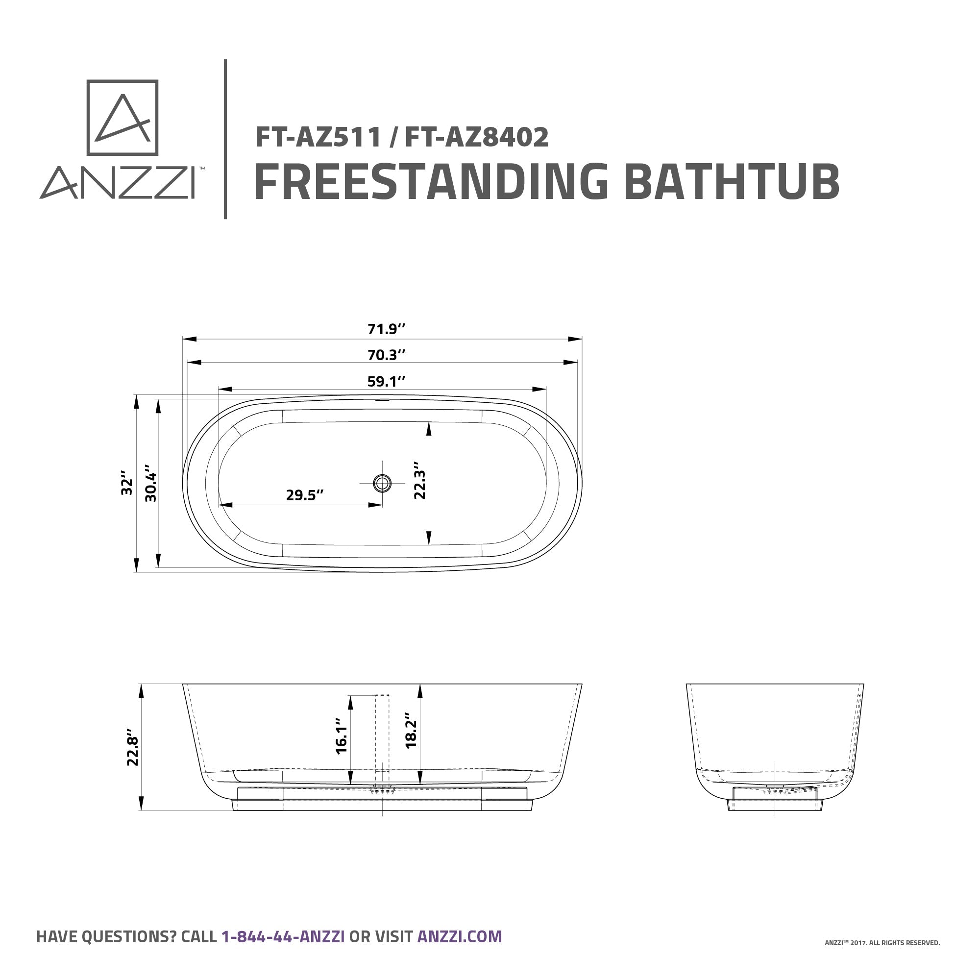 Anzzi Badi 5.9 ft. Solid Surface Center Drain Freestanding Bathtub in Matte White FT-AZ8402 - FT-AZ8402