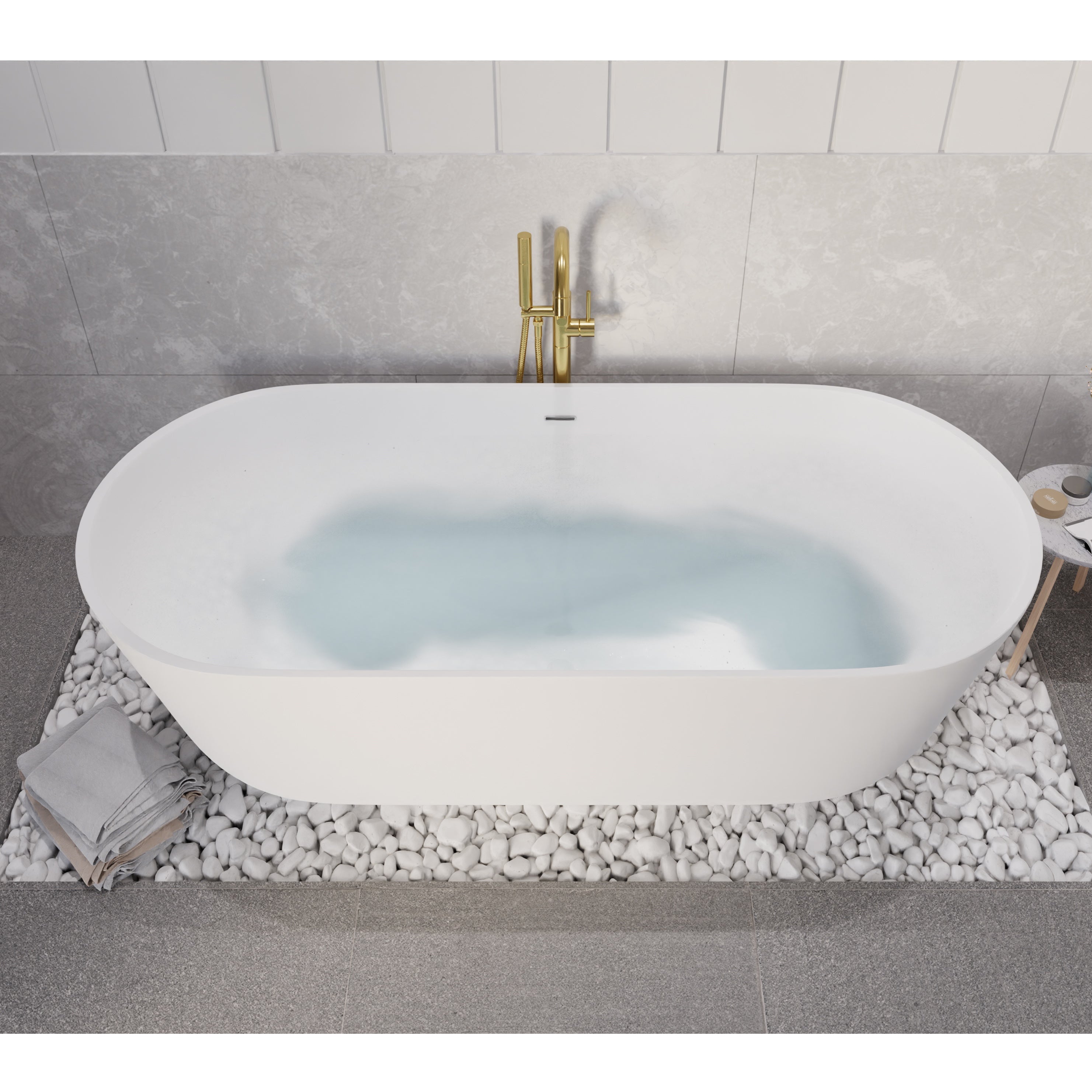 Anzzi Badi 5.9 ft. Solid Surface Center Drain Freestanding Bathtub in Matte White FT-AZ8402 - FT-AZ8402